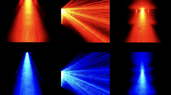 Two rows of three images of lasers