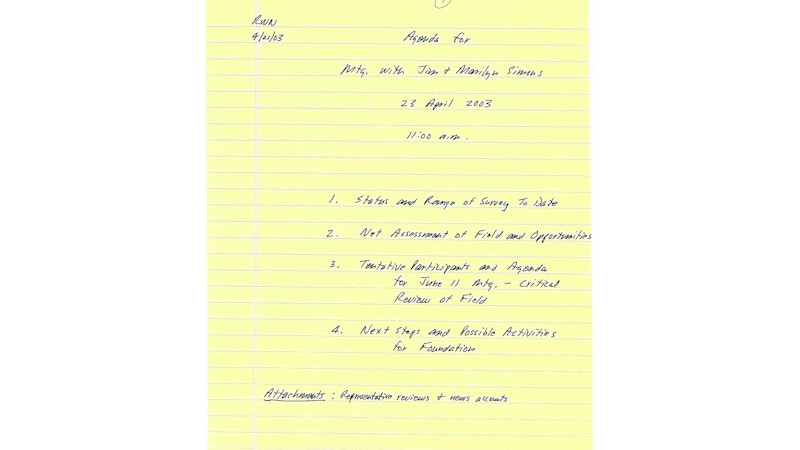 Scan of handwritten notes from the first SFARI meeting in 2003 on yellow lined notepad paper