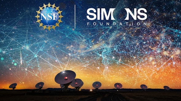 Combined image of NSF logo, Simons Foundation logo, constellations in the sky, and radio telescopes beneath the sky.