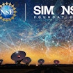 Combined image of NSF logo, Simons Foundation logo, constellations in the sky, and radio telescopes beneath the sky.
