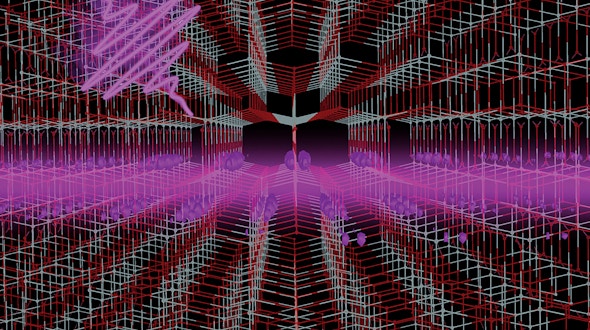 Illustration that shows the lattice structure of anatase titanium dioxide along with a graphic representation (purple) of a 2-D exciton — an electron-hole pair — generated by the absorption of light