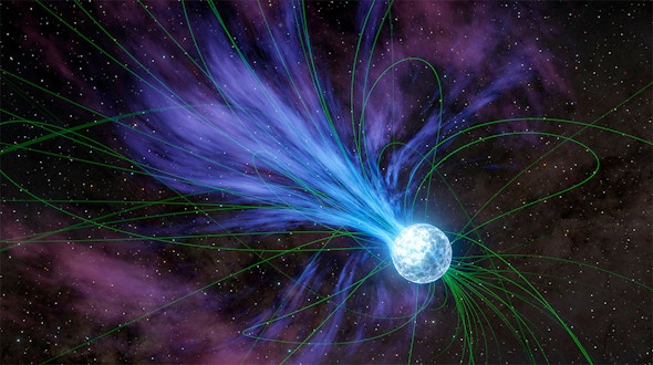A visualization shows a giant flare erupting from a magnetized star called a magnetar.