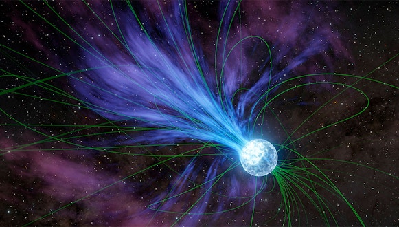 A visualization shows a giant flare erupting from a magnetized star called a magnetar.