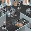 Graphical illustration of an office environment where employees interact with their surroundings, demonstrating how one's environment can influence their actions.