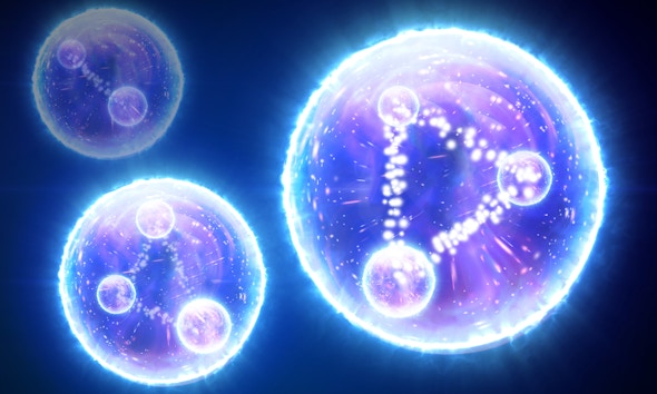 A digital illustration of three spherical objects. Two of the objects have each within them three smaller spheres arranged in a triangular shape and connected by lines made up of smaller orbs. One of the objects has two smaller spheres connected by a line of smaller orbs. All of the objects appear to be glowing and have within them a galaxy-like design.