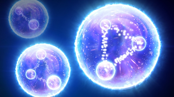 A digital illustration of three spherical objects. Two of the objects have each within them three smaller spheres arranged in a triangular shape and connected by lines made up of smaller orbs. One of the objects has two smaller spheres connected by a line of smaller orbs. All of the objects appear to be glowing and have within them a galaxy-like design.