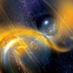 An illustration of two neutron stars in the process of merging. Gold surrounds the two objects.