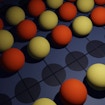 An illustration of colored balls on a chessboard-like grid.