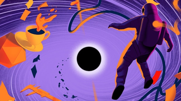An illustration of an astronaut floating in space near a black hole. A coffee cup, geometric shapes and other objects circle the black hole.