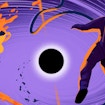 An illustration of an astronaut floating in space near a black hole. A coffee cup, geometric shapes and other objects circle the black hole.