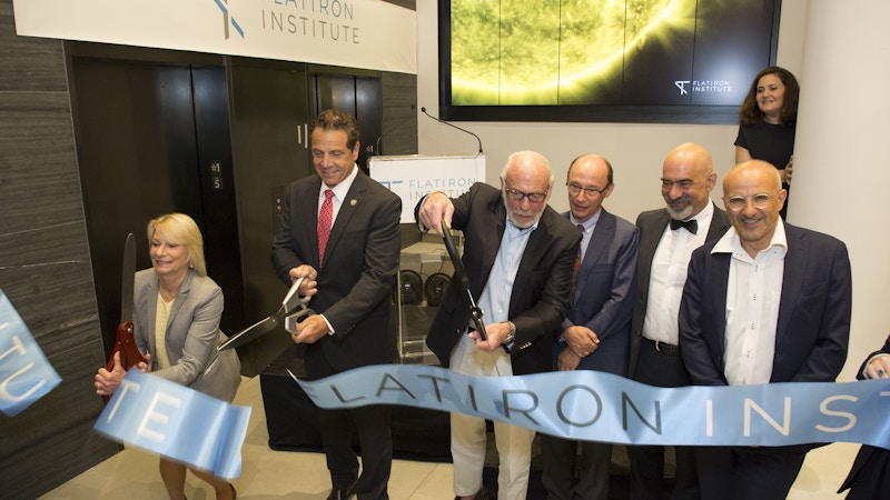 Marilyn Simons, New York Gov. Andrew Cuomo and Jim Simons cut the ribbon during the Flatiron Institute’s dedication ceremony. Joining them, from left, were center directors Leslie Greengard, David Spergel and Antoine Georges.