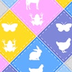 A digital illustration of a patchwork quilt with silhouettes of two distinct animals within them. For example, one square has a silhouette of a butterfly and a frog, while another has those of a rabbit and a chicken, another with silhouettes of a butterfly and a chicken, and so on.