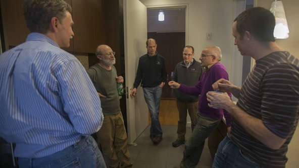 Nikolay, Kotliar, Rohringer, Gull, Georges and Ferrero standing and talking together