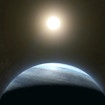 An illustration of a large gas planet with a large star in the background, a smaller star to one side and another small exoplanet to the other side.