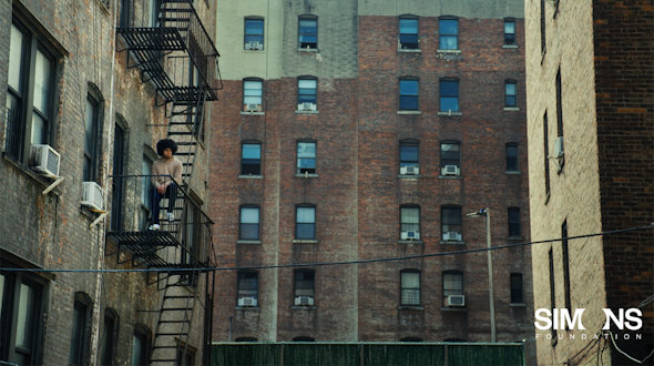 Boy sitting on on the steps of the fire escape surrounded by brick apartment buildings