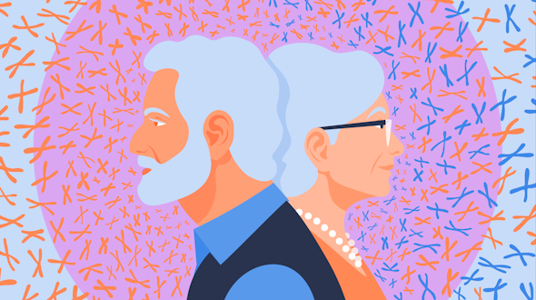Older man and older woman back to back over a background of floating chromosomes.