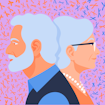 Older man and older woman back to back over a background of floating chromosomes.