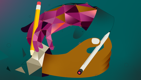 An artist's illustration of a digital hand and a human hand each drawing the other.
